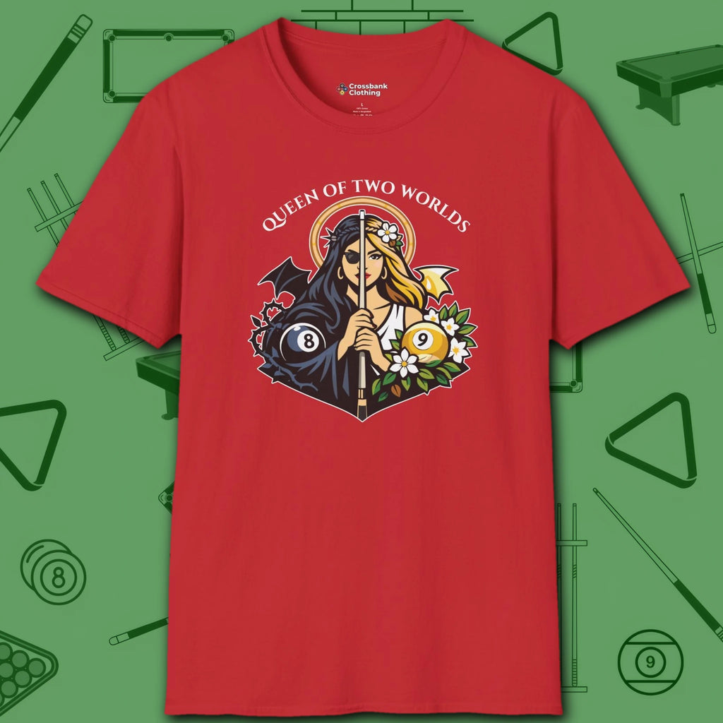 Queen of Two Worlds Billiards T-Shirt, in Red color, pool shirt, front view