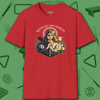 Queen of Two Worlds Billiards T-Shirt, in Red color, pool shirt, front view