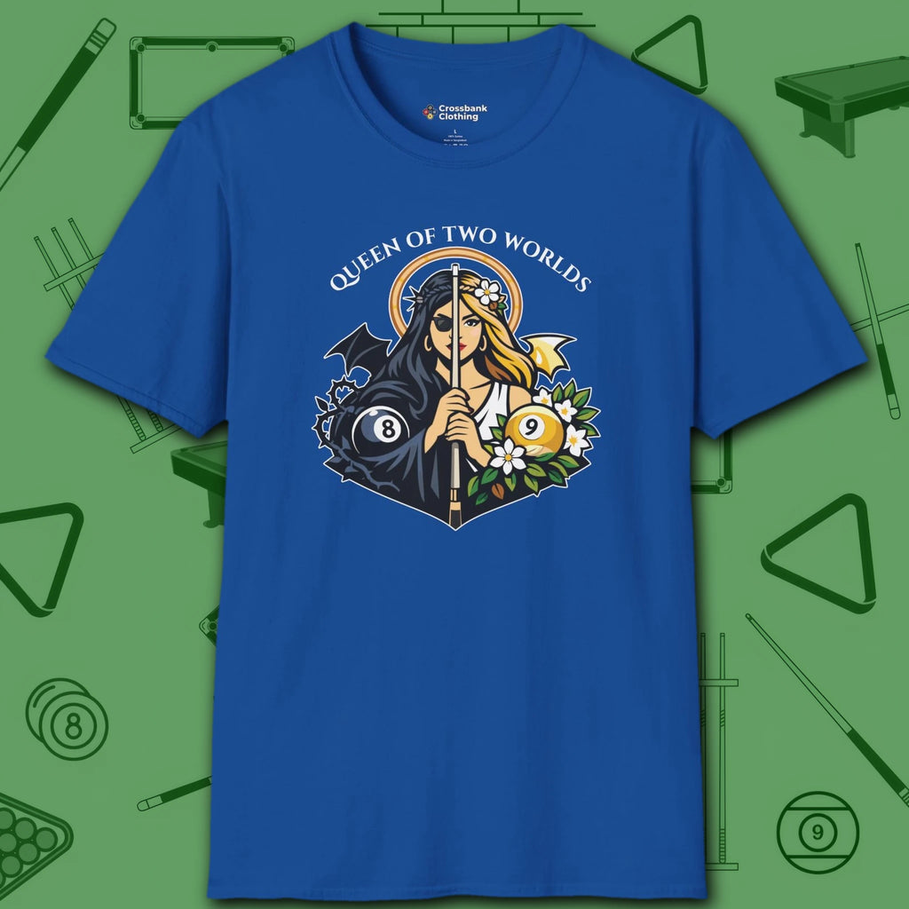 Queen of Two Worlds Billiards T-Shirt, in Royal color, pool shirt, front view