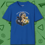 Queen of Two Worlds Billiards T-Shirt, in Royal color, pool shirt, front view