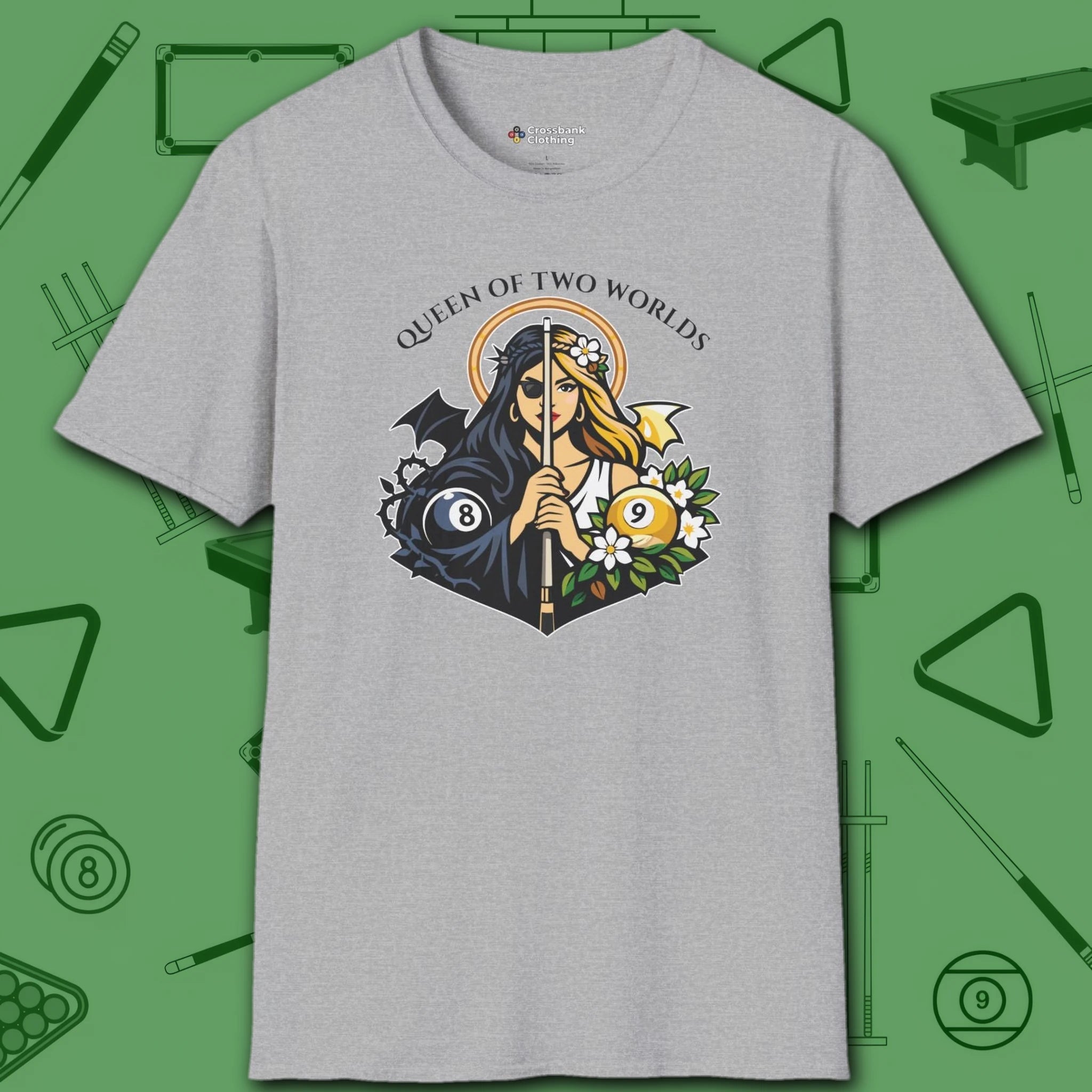 Queen of Two Worlds Billiards T-Shirt, in Sport Grey color, pool shirt, front view