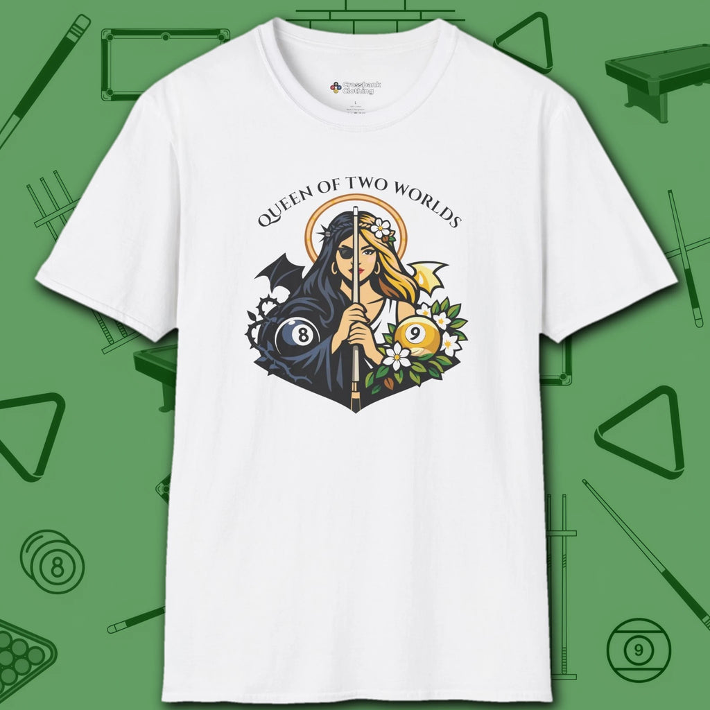 Queen of Two Worlds Billiards T-Shirt, in White color, pool shirt, front view