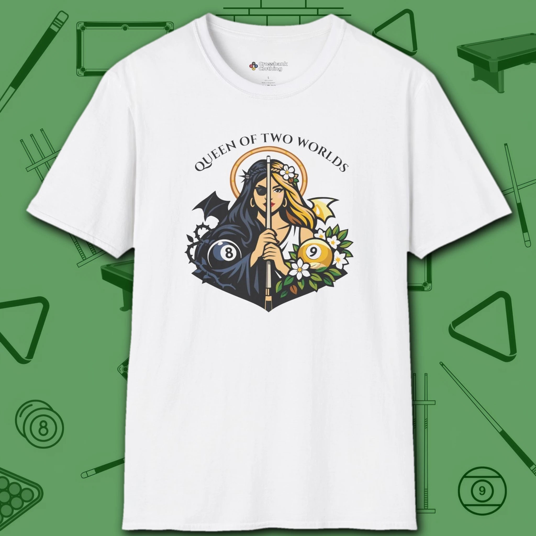 Queen of Two Worlds Billiards T-Shirt, in White color, pool shirt, front view