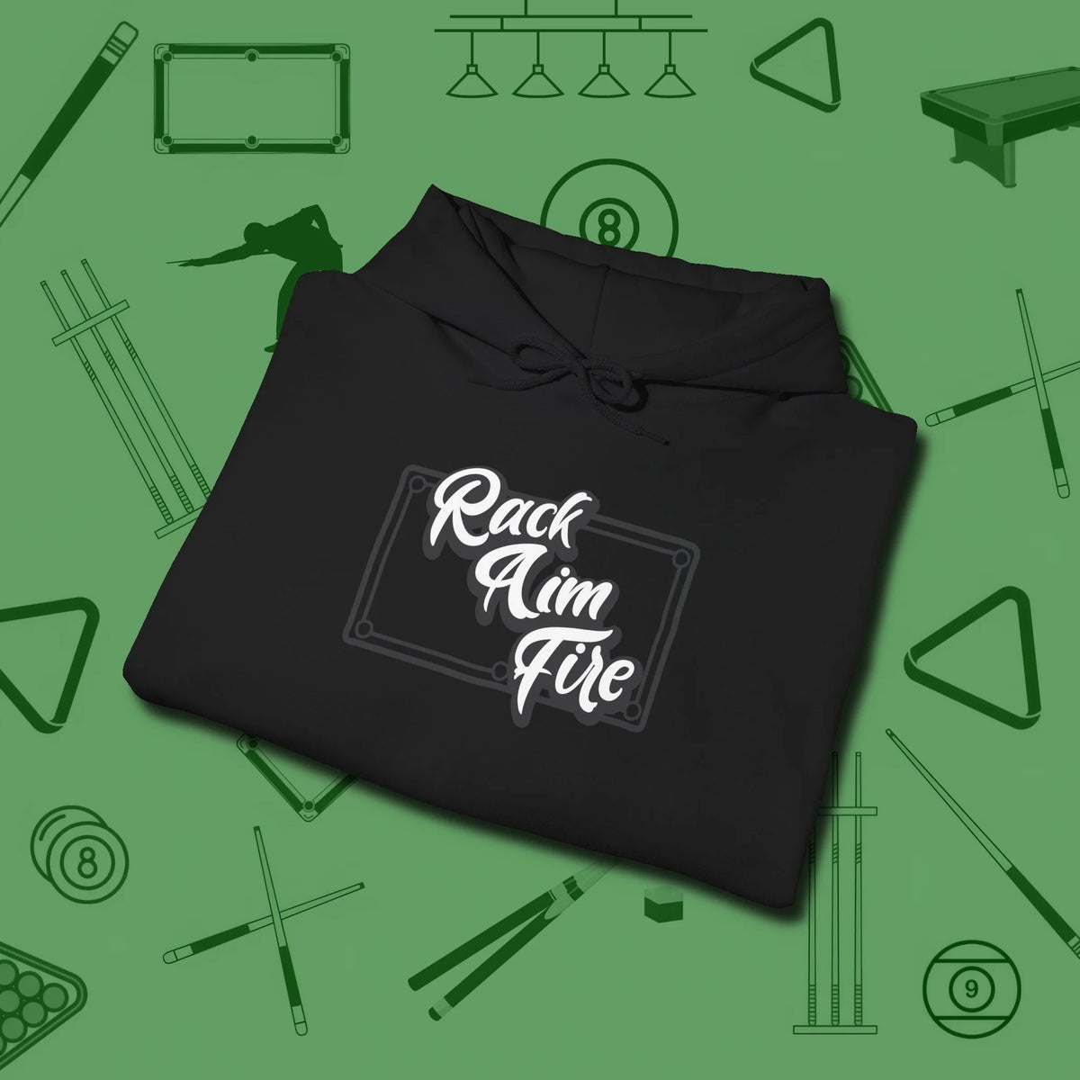 Rack Aim Fire Billiards Hoodie, folded view, in Black because pool isn’t just a game — it’s who you are