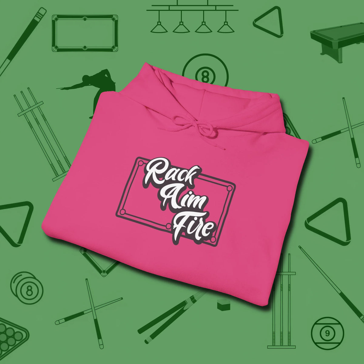 Rack Aim Fire Billiards Hoodie, folded view, in Heliconia look good while calling your pocket