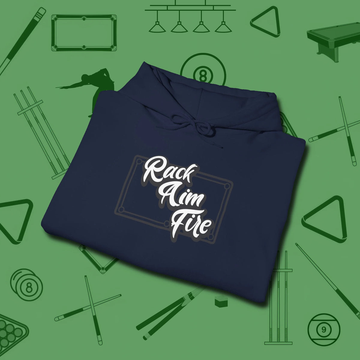 Rack Aim Fire Billiards Hoodie, folded view, in Navy styled to dominate from rack to run-out