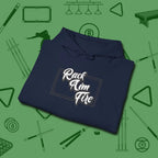 Rack Aim Fire Billiards Hoodie, folded view, in Navy styled to dominate from rack to run-out