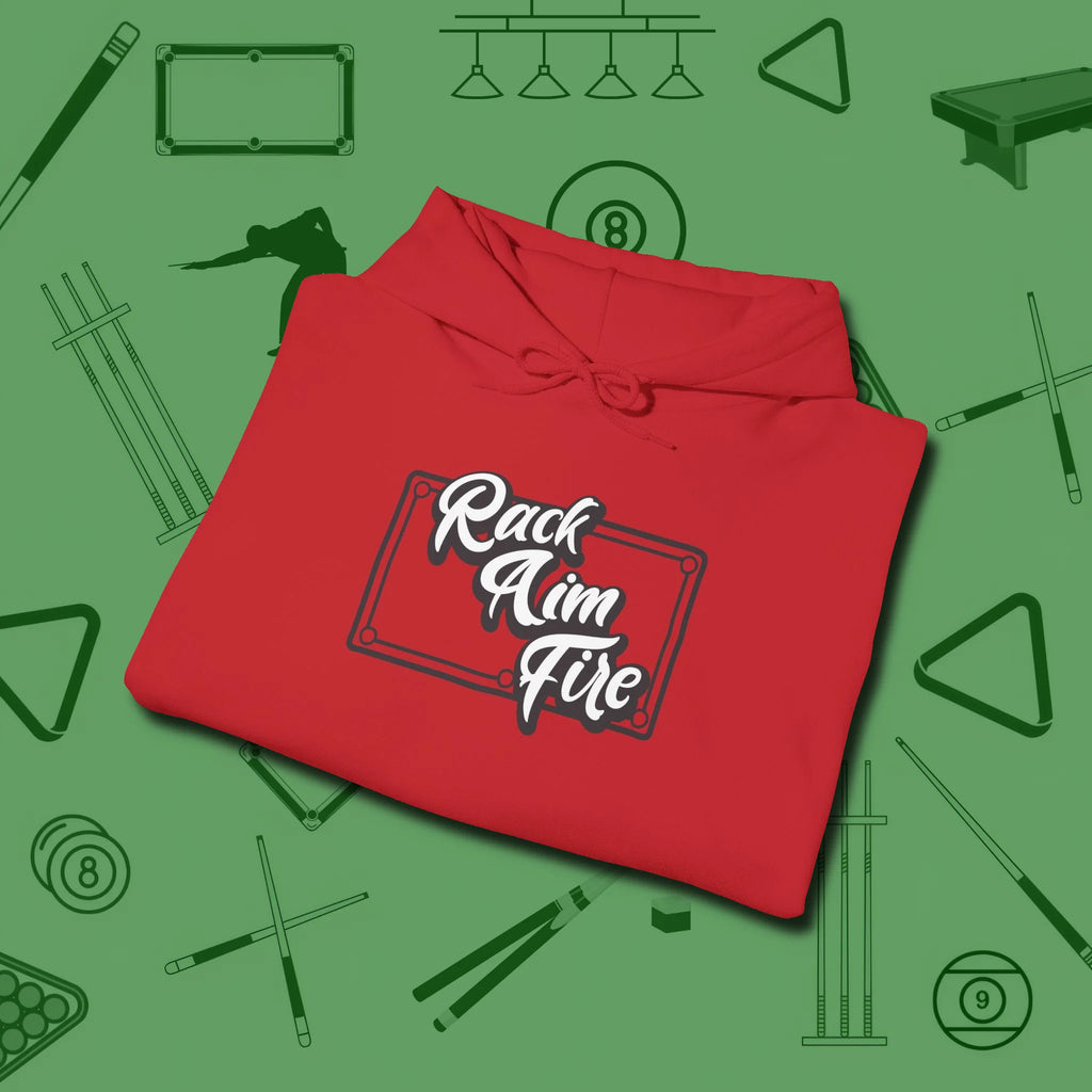 Rack Aim Fire Billiards Hoodie, folded view, in Red where style and cue discipline collide