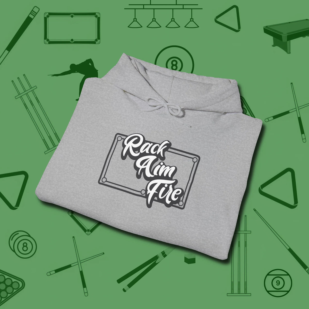 Rack Aim Fire Billiards Hoodie, folded view, in Sport Grey smart apparel for strategic players
