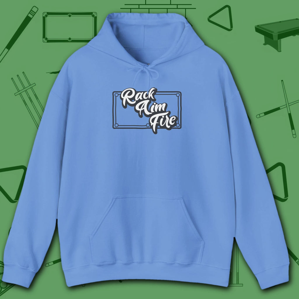 Rack Aim Fire Billiards Hoodie, in Carolina Blue color, pool hoodie, front view