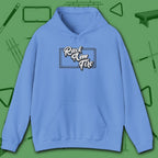 Rack Aim Fire Billiards Hoodie, in Carolina Blue color, pool hoodie, front view