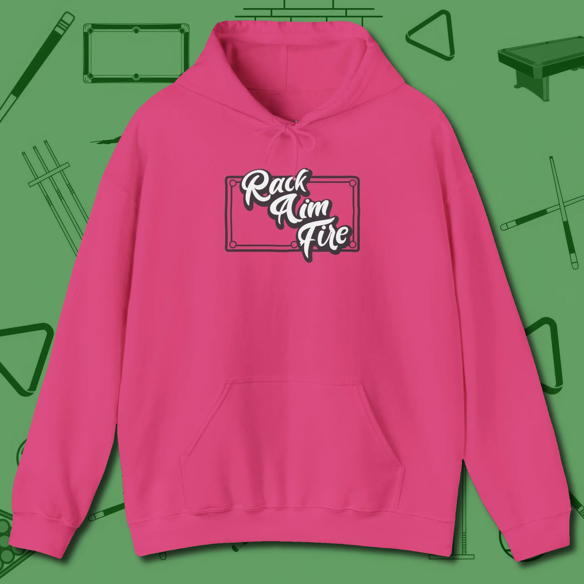 Rack Aim Fire Billiards Hoodie, front view, in Heliconia because the table is your battlefield