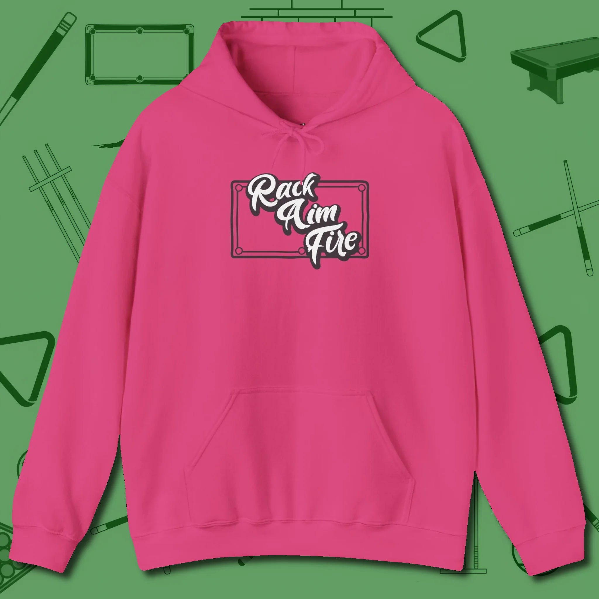 Rack Aim Fire Billiards Hoodie, front view, in Heliconia because the table is your battlefield