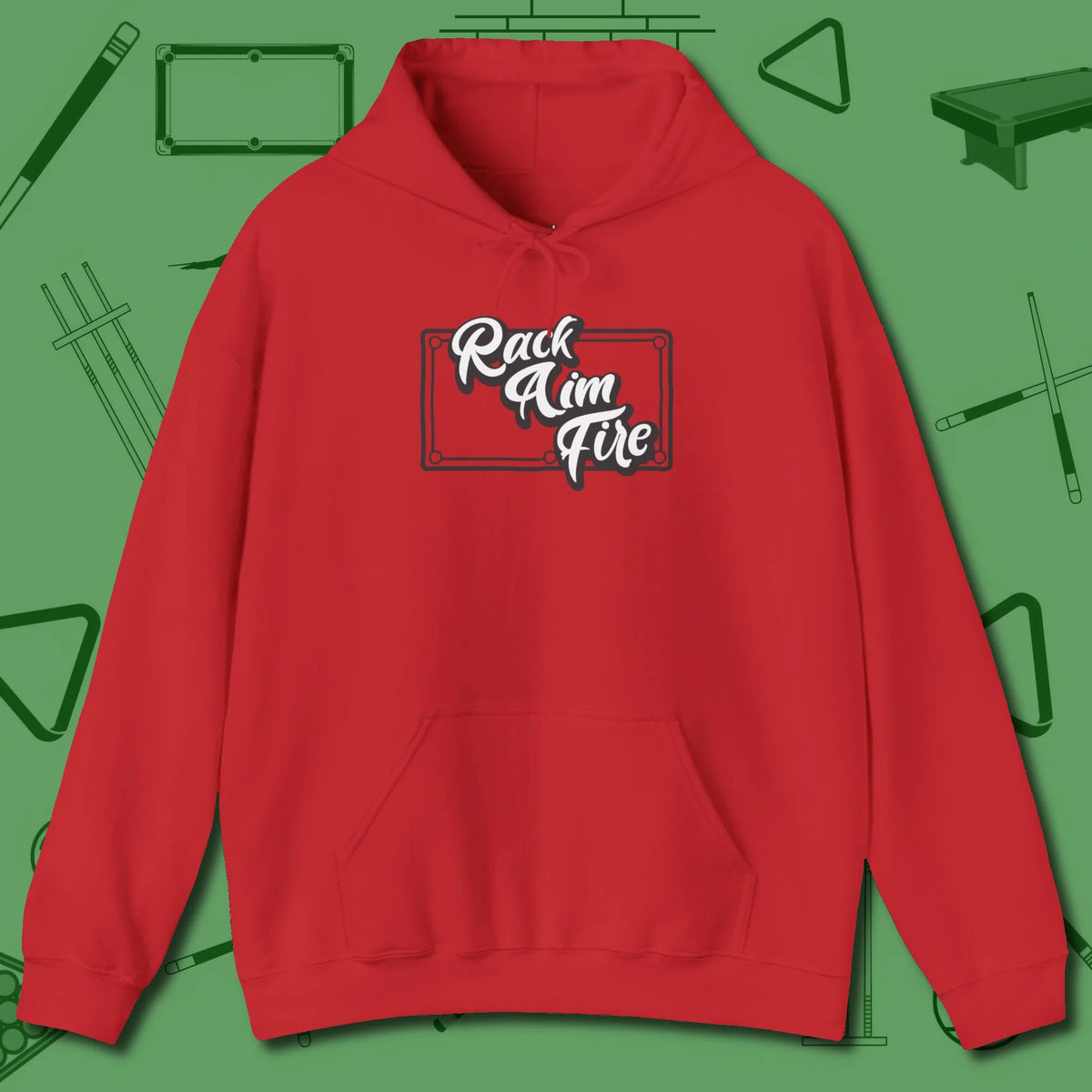 Rack Aim Fire Billiards Hoodie, front view, in Red built for bold breaks and quiet confidence