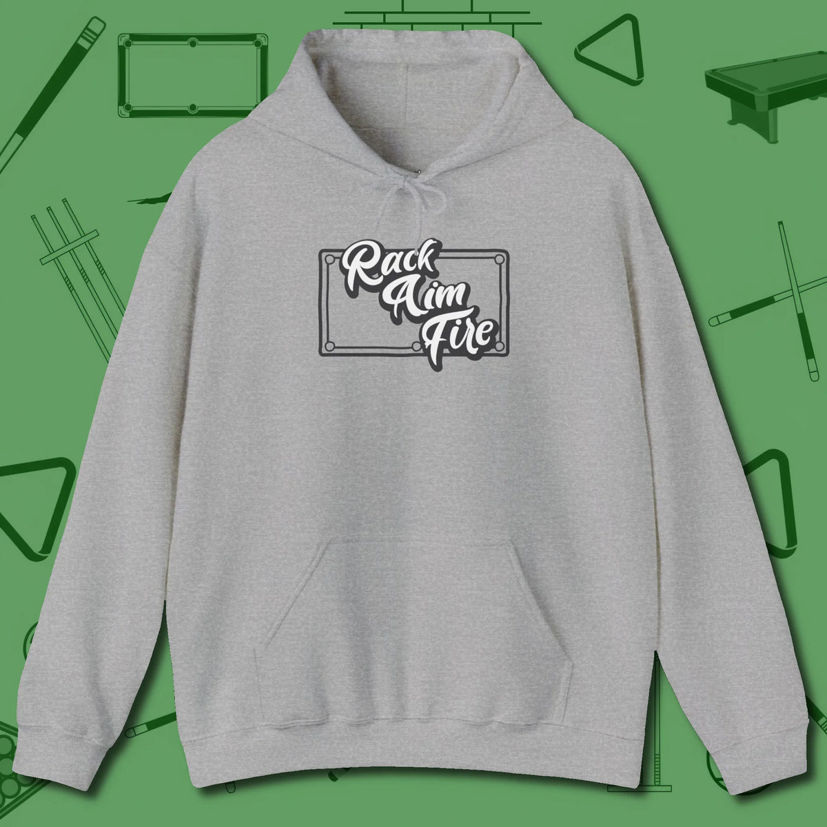Rack Aim Fire Billiards Hoodie, front view, in Sport Grey cue sports swagger done right