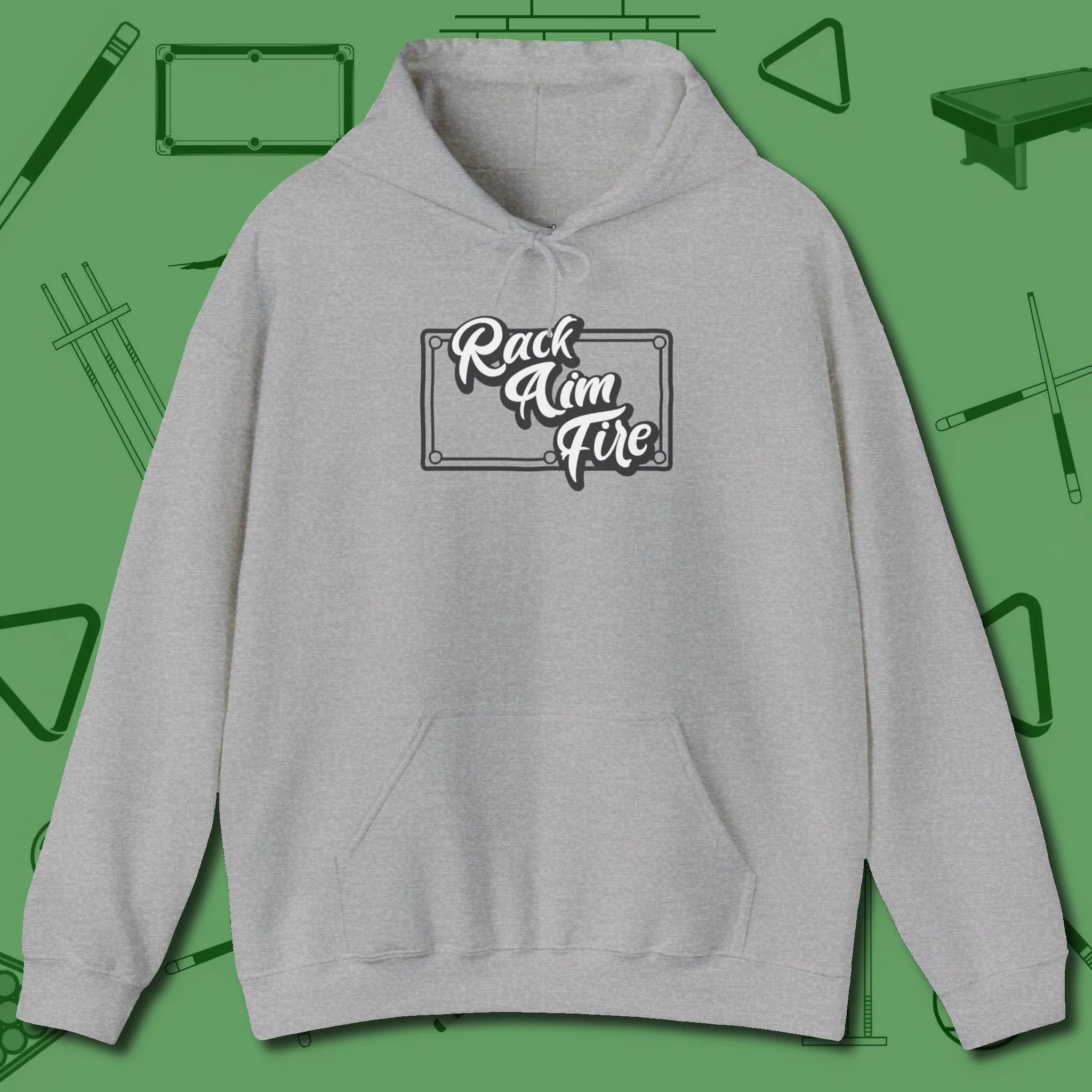 Rack Aim Fire Billiards Hoodie, front view, in Sport Grey cue sports swagger done right
