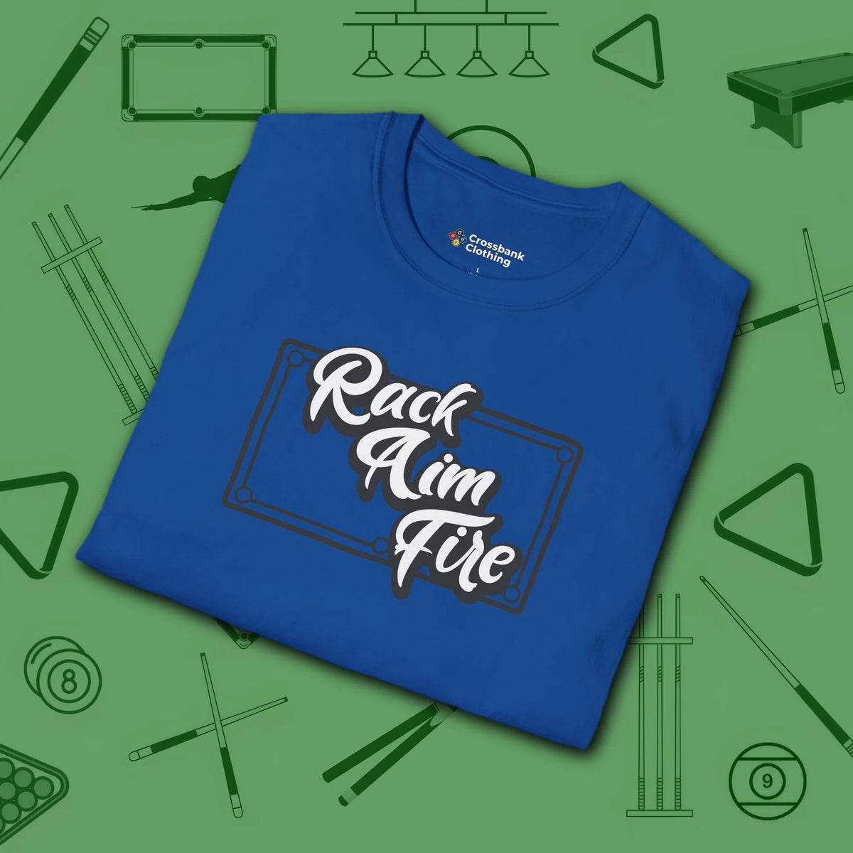 Rack Aim Fire Billiards T-Shirt, in Royal color, pool shirt, folded view