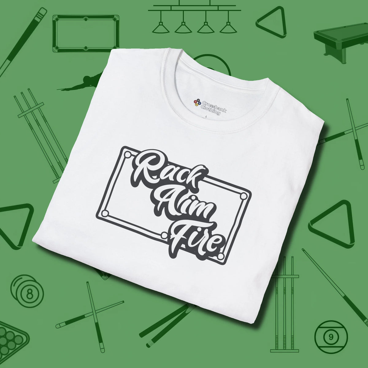 Rack Aim Fire Billiards T-Shirt, folded view, in White designed for dead stroke and deadpan looks