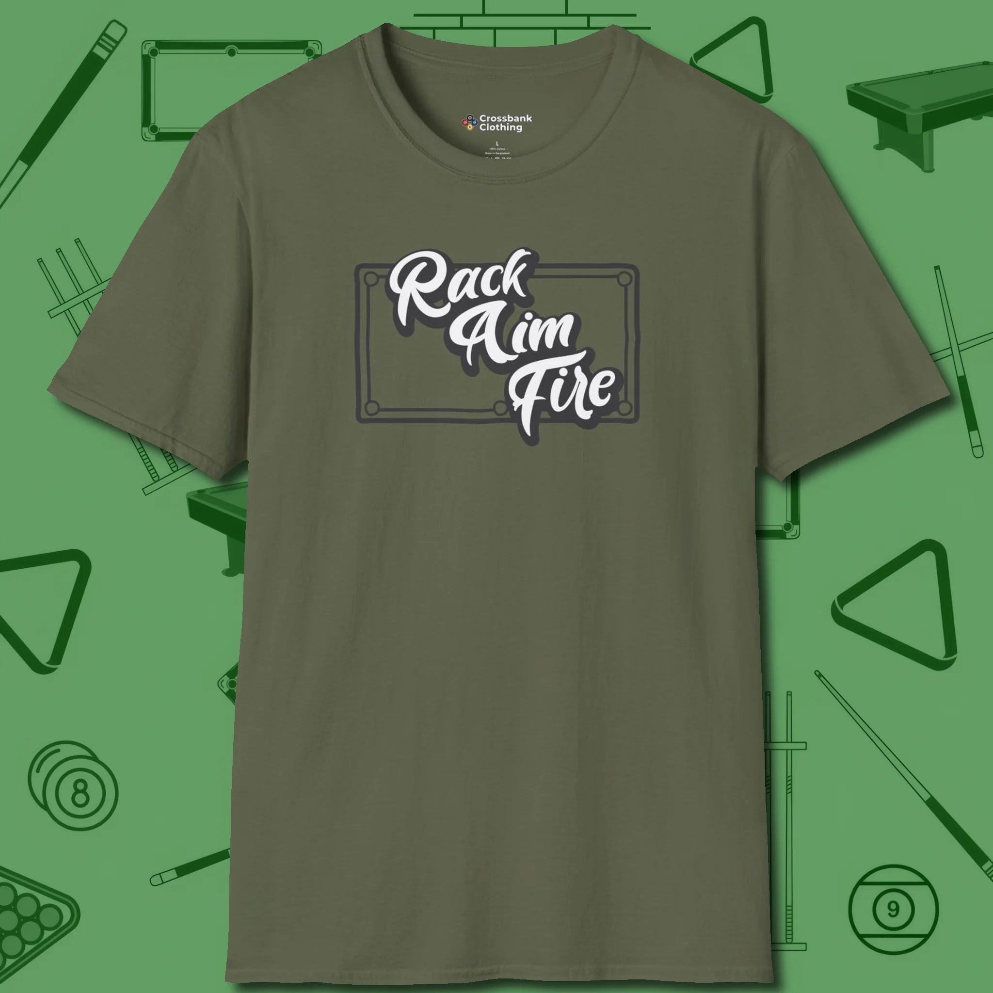 Rack Aim Fire Billiards T-Shirt, front view, in Military Green confidence stitched in every seam