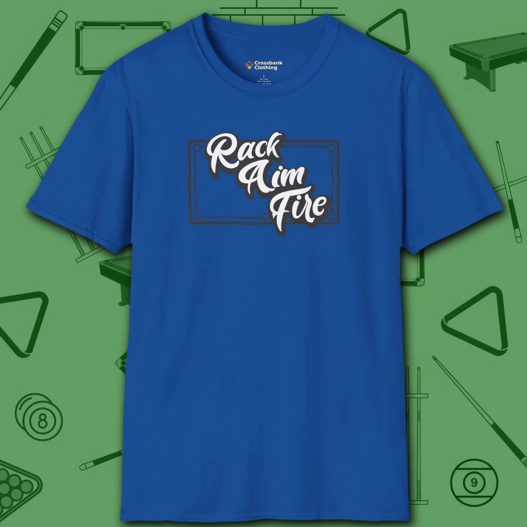 Rack Aim Fire Billiards T-Shirt, in Royal color, pool shirt, front view