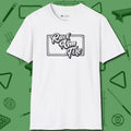 Rack Aim Fire Billiards T-Shirt, front view, in White dress for the shot you want to take