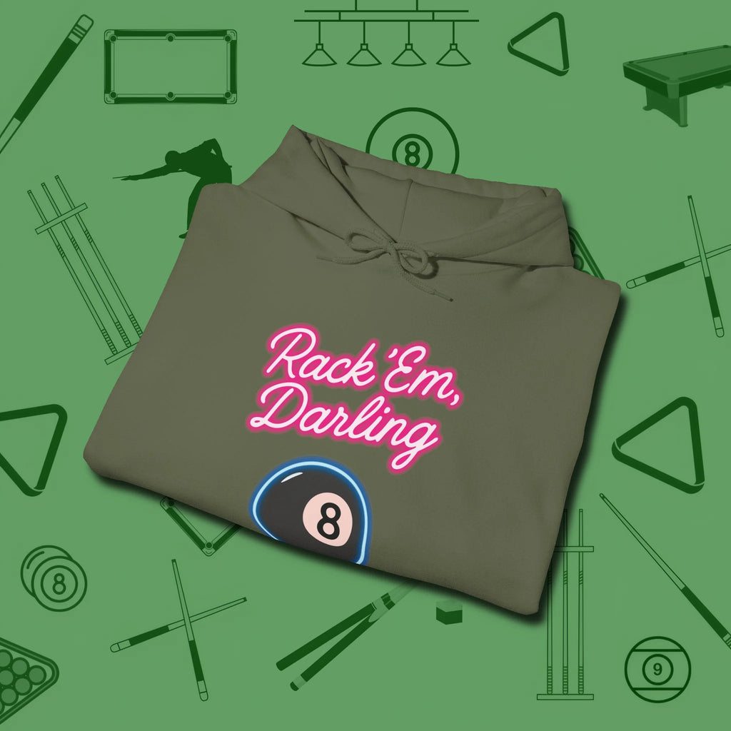 Rack ’Em Darling Hoodie, folded view, in Military Green clean lines for dirty minds