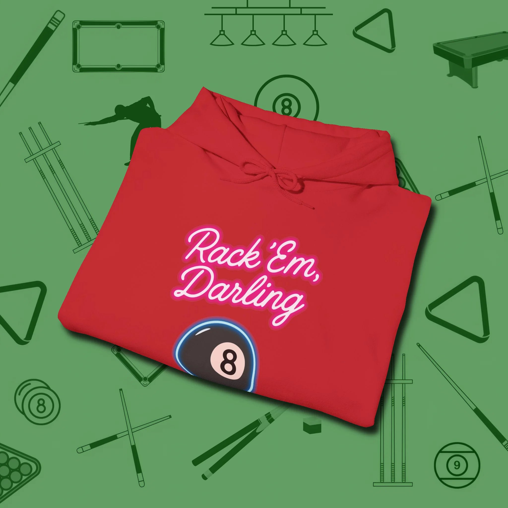Rack ’Em Darling Hoodie, folded view, in Red as serious as your stroke