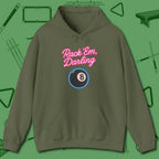 Rack ’Em Darling Hoodie, front view, in Military Green your go-to shirt for league night victories