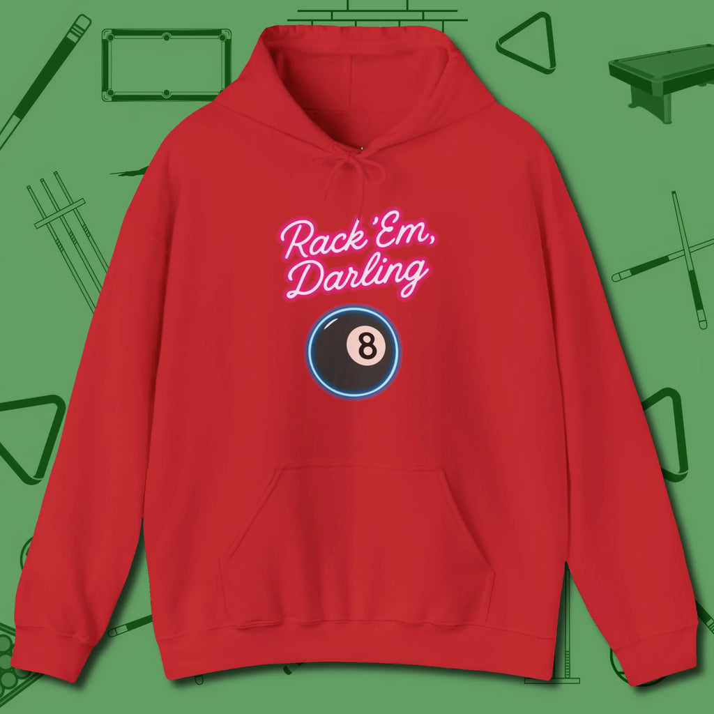 Rack ’Em Darling Hoodie, front view, in Red made for pool sharks, not posers