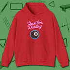 Rack ’Em Darling Hoodie, front view, in Red made for pool sharks, not posers