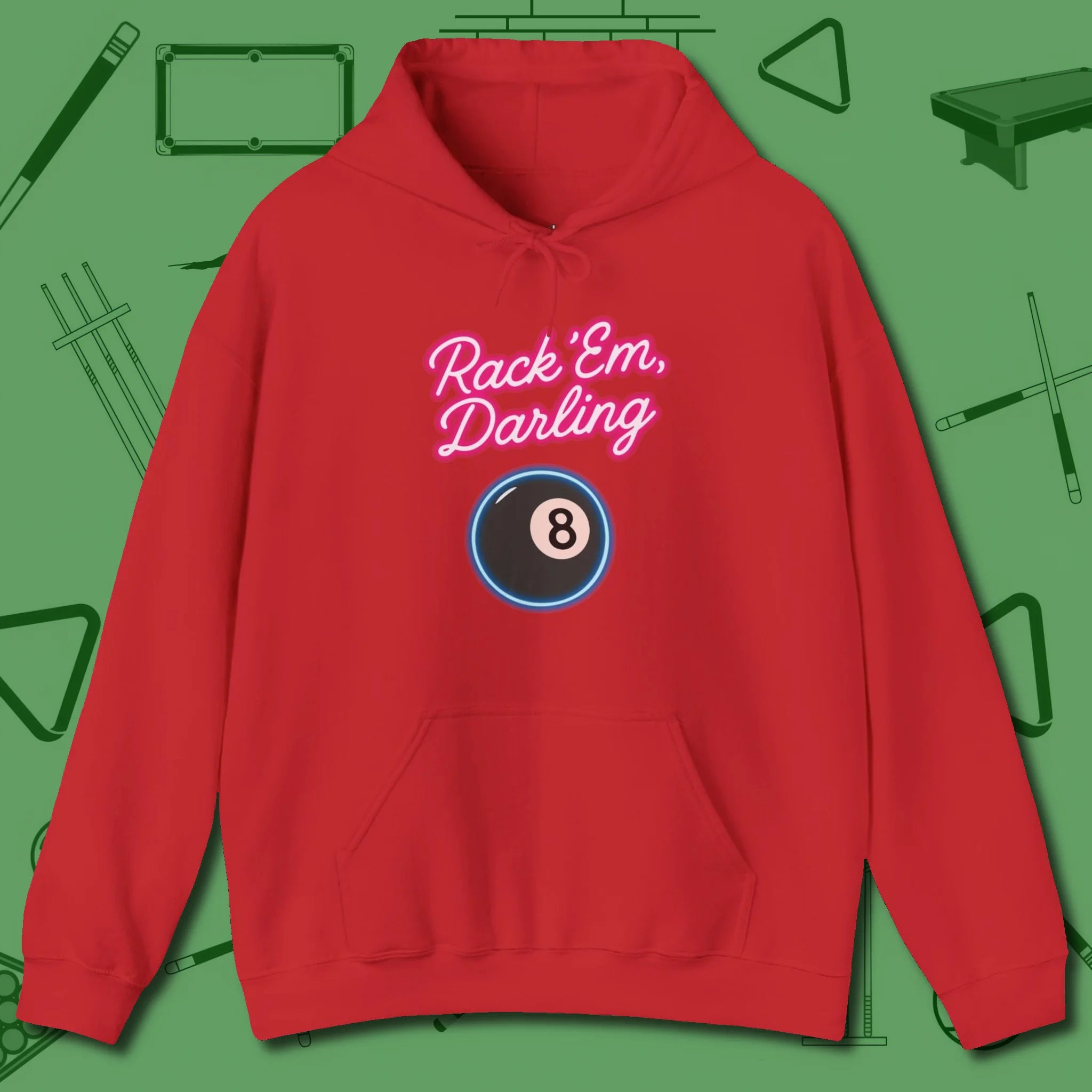 Rack ’Em Darling Hoodie, front view, in Red made for pool sharks, not posers