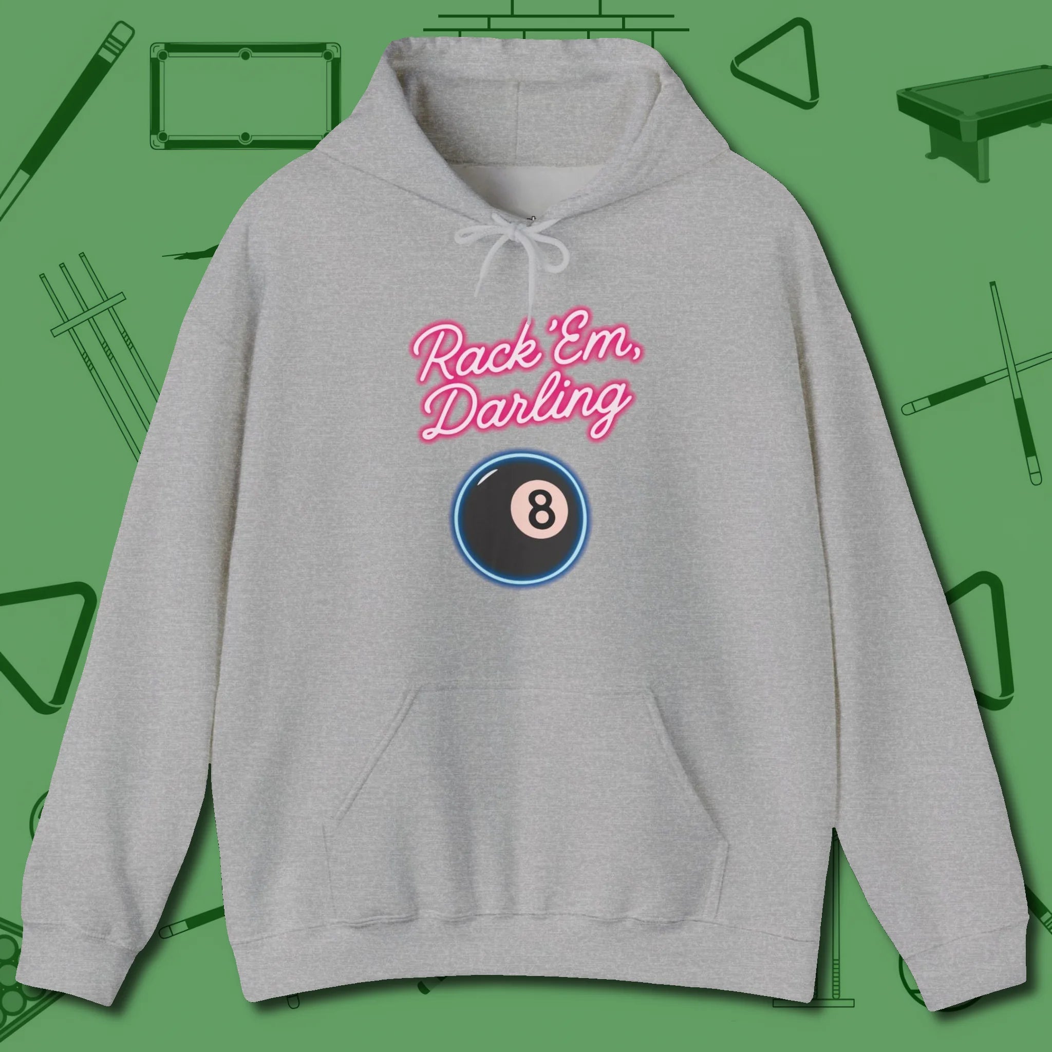 Rack ’Em Darling Hoodie, front view, in Sport Grey what the real shooters wear