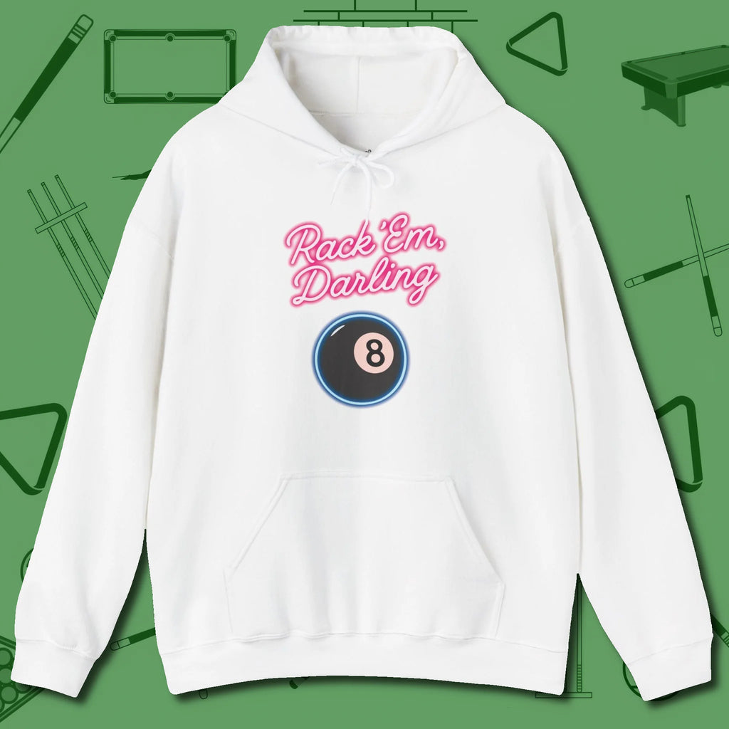 Rack ’Em Darling Hoodie, front view, in White as serious as your stroke