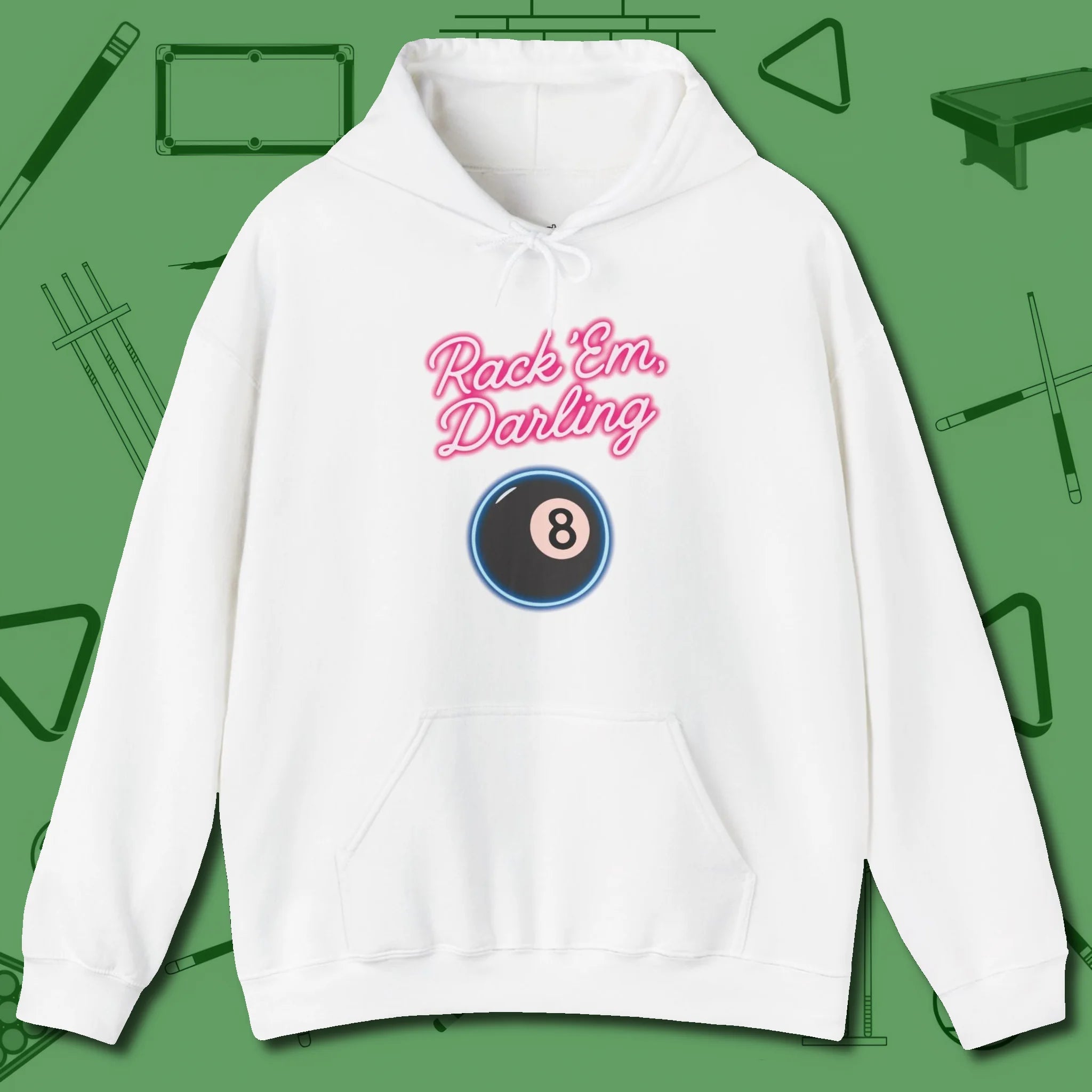 Rack ’Em Darling Hoodie, front view, in White as serious as your stroke