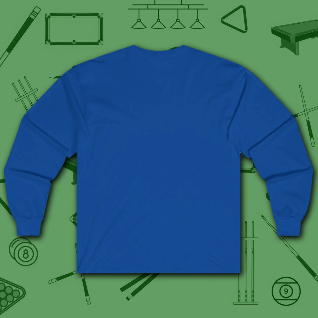 Rack ’Em Darling Long Sleeve Tee, in Royal color, billiards shirt, back view