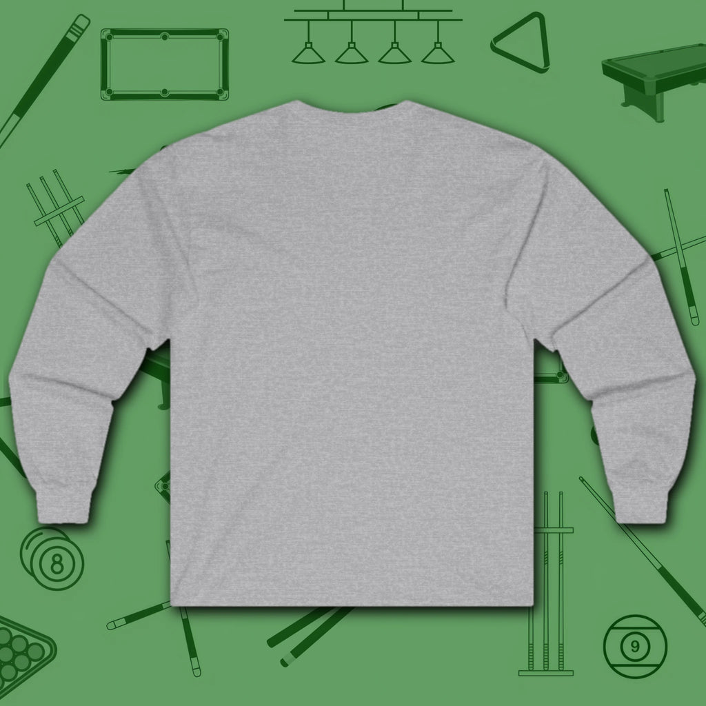 Rack ’Em Darling Long Sleeve Tee, in Sport Grey color, billiards shirt, back view