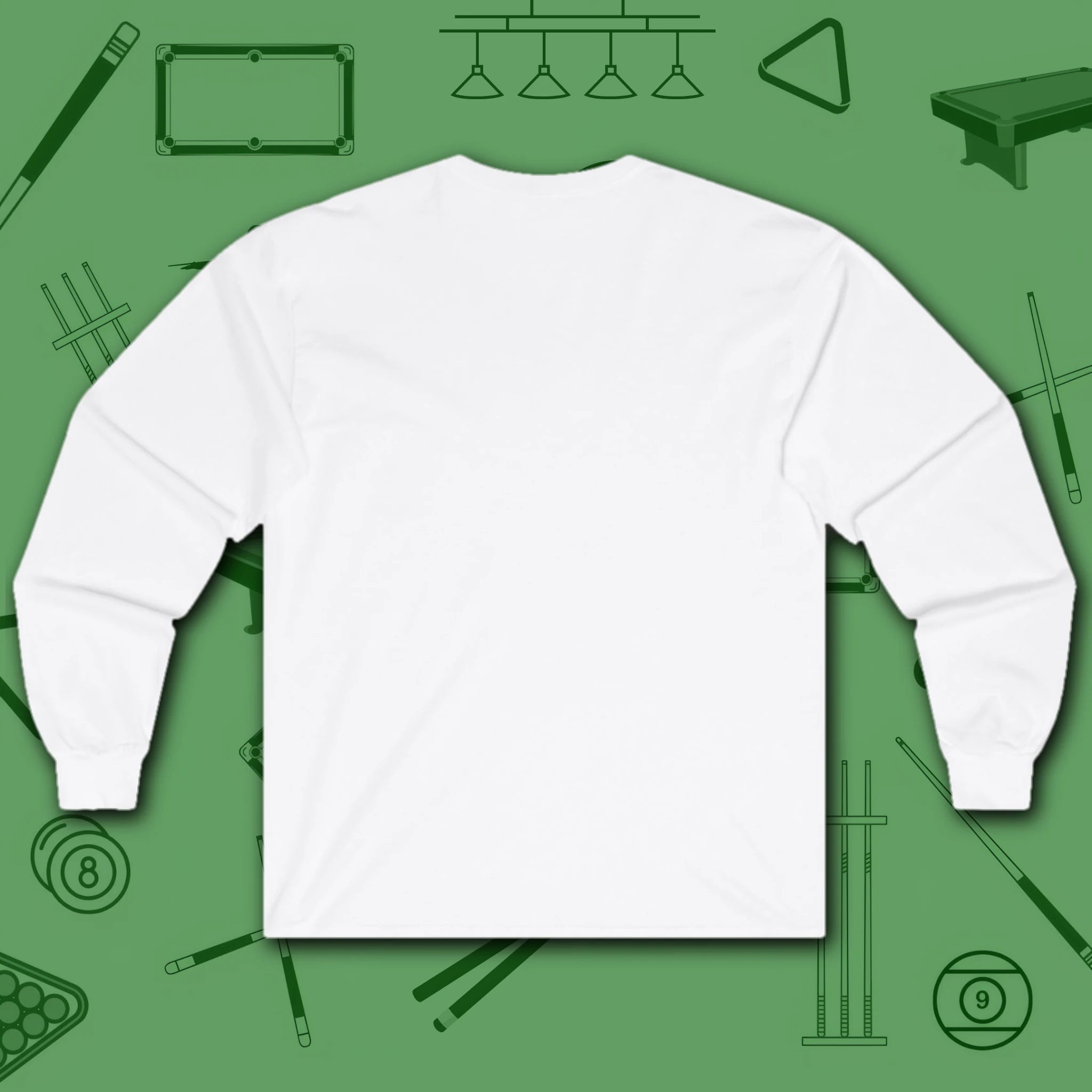 Rack ’Em Darling Long Sleeve Tee, in White color, billiards shirt, back view
