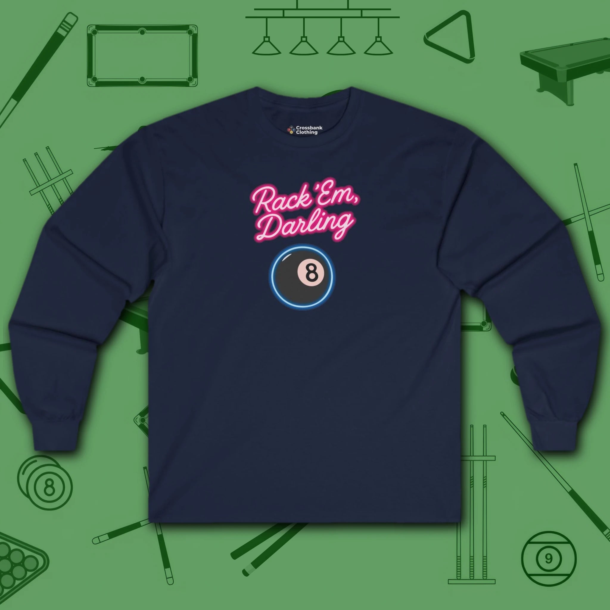 Rack ’Em Darling Long Sleeve Tee, in Navy color, billiards shirt, front view