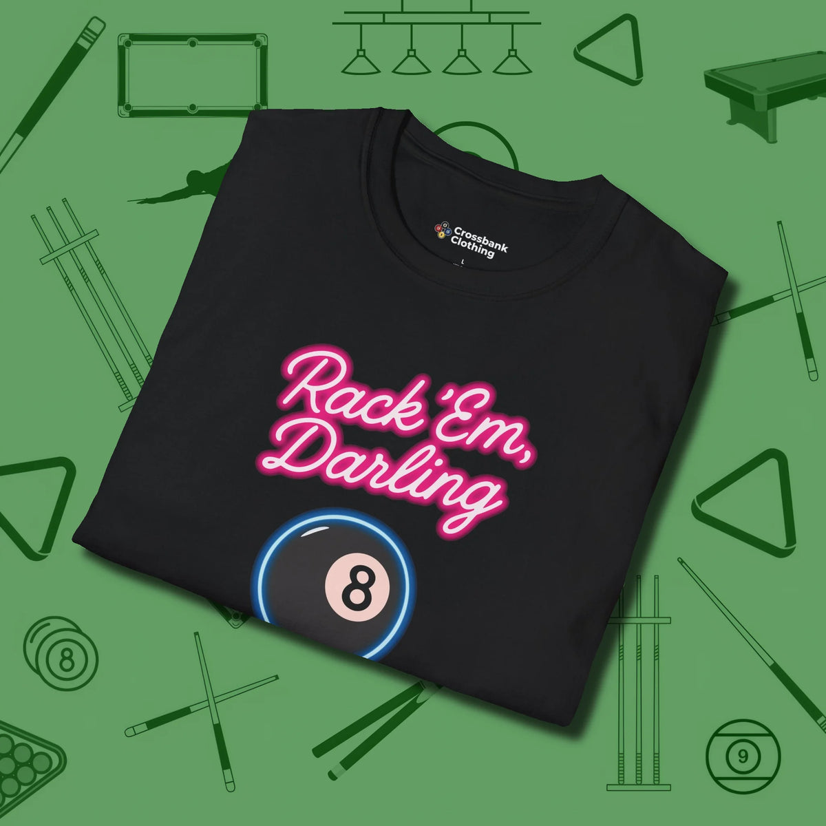 Rack ’Em Darling T-Shirt, folded view, in Black stitched for cue discipline and cool confidence