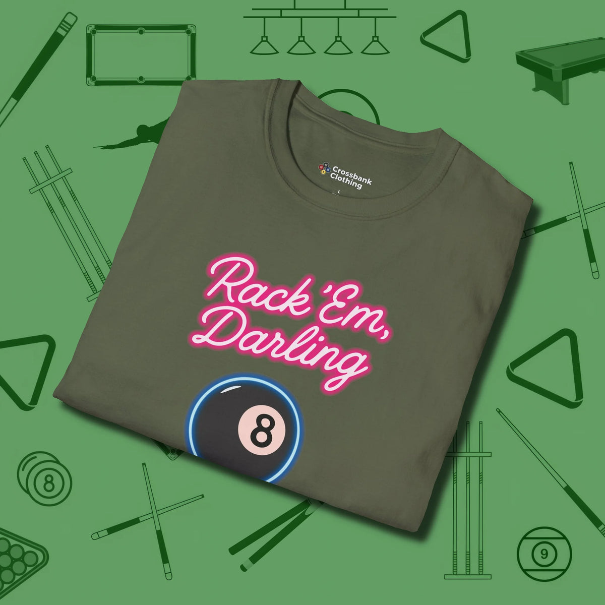 Rack ’Em Darling T-Shirt, folded view, in Military Green stitched for cue discipline and cool confidence
