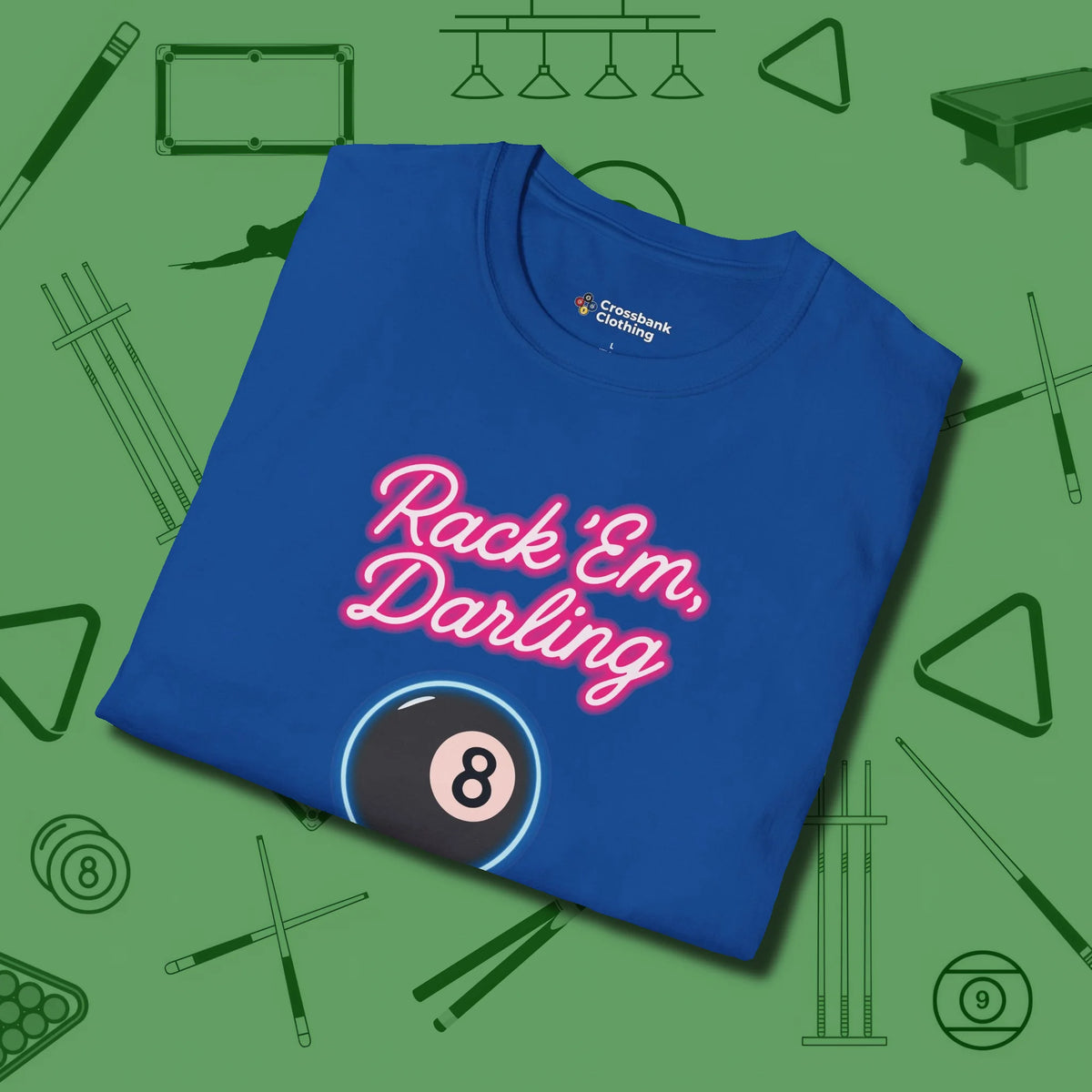 Rack ’Em Darling T-Shirt, folded view, in Royal where cue control meets personal style