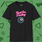 Rack ’Em Darling T-Shirt, front view, in Black play in style, win in silence