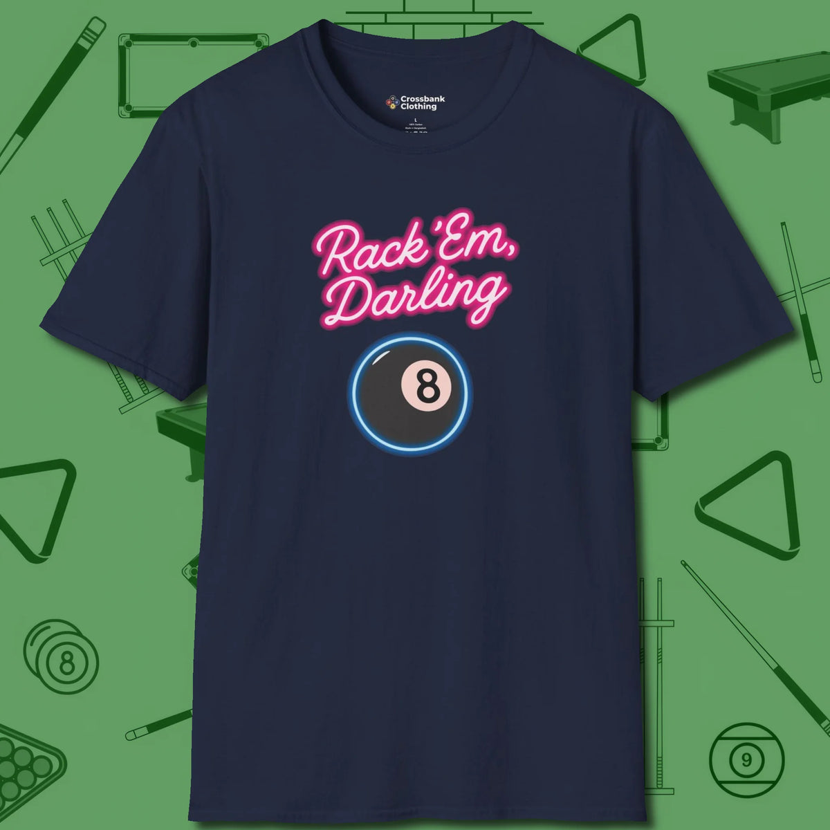 Rack ’Em Darling T-Shirt, front view, in Navy an extension of your pool persona