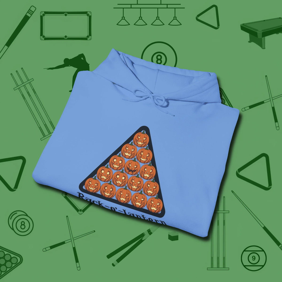 Rack O Lantern Hoodie, folded view, in Carolina Blue helps your stroke and your style