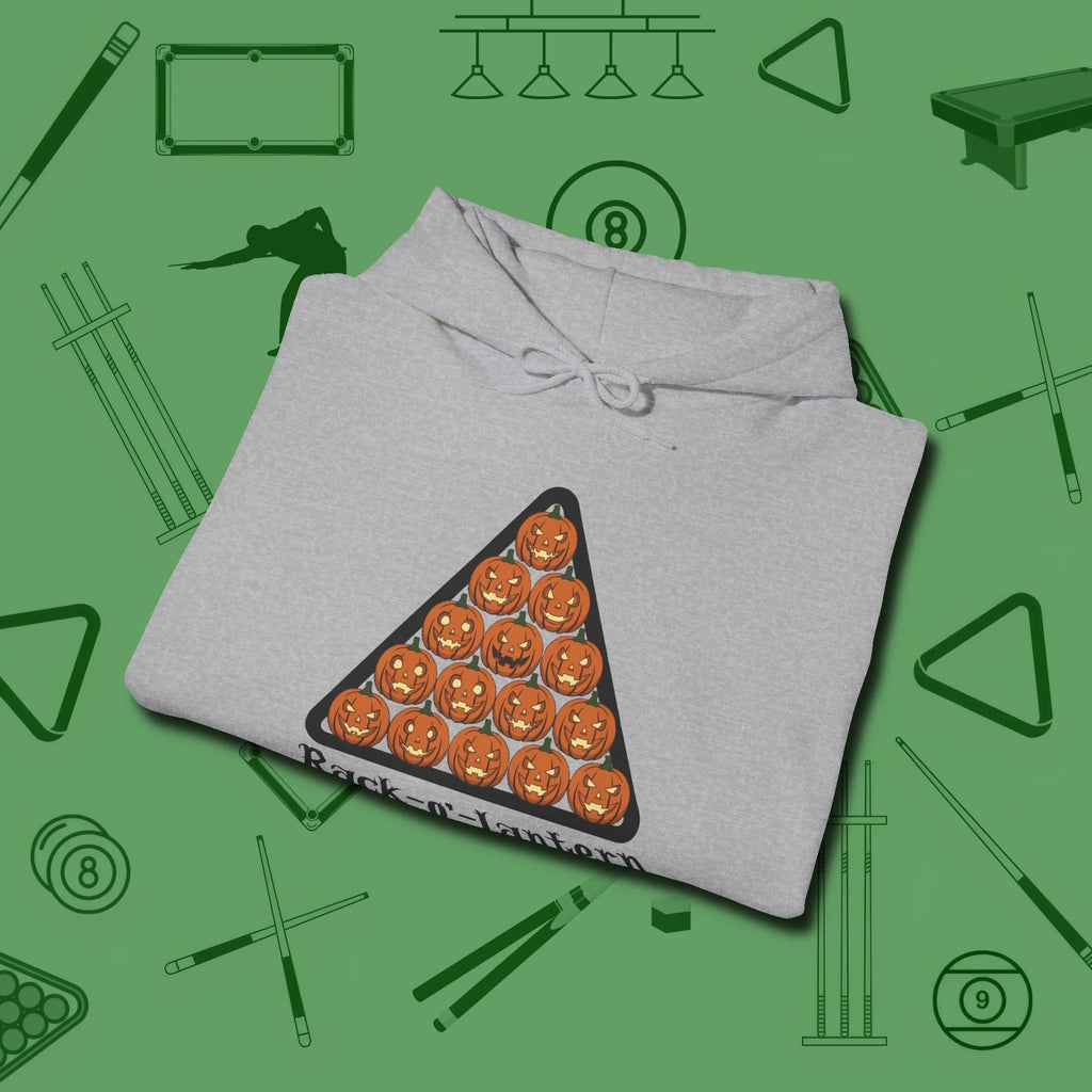 Rack O Lantern Hoodie, folded view, in Sport Grey not your average 8-ball graphic tee