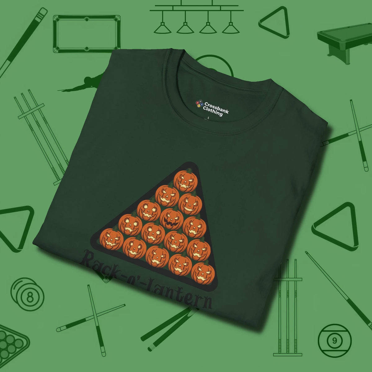 Rack-O'-Lantern T-Shirt, folded view, in Forest Green the official uniform of the after-hours crew