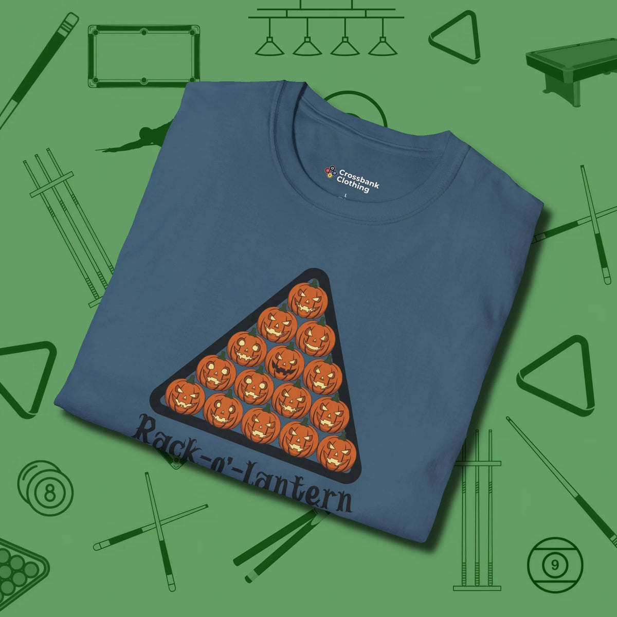 Rack-O'-Lantern T-Shirt, folded view, in Indigo Blue because you don’t just play — you represent
