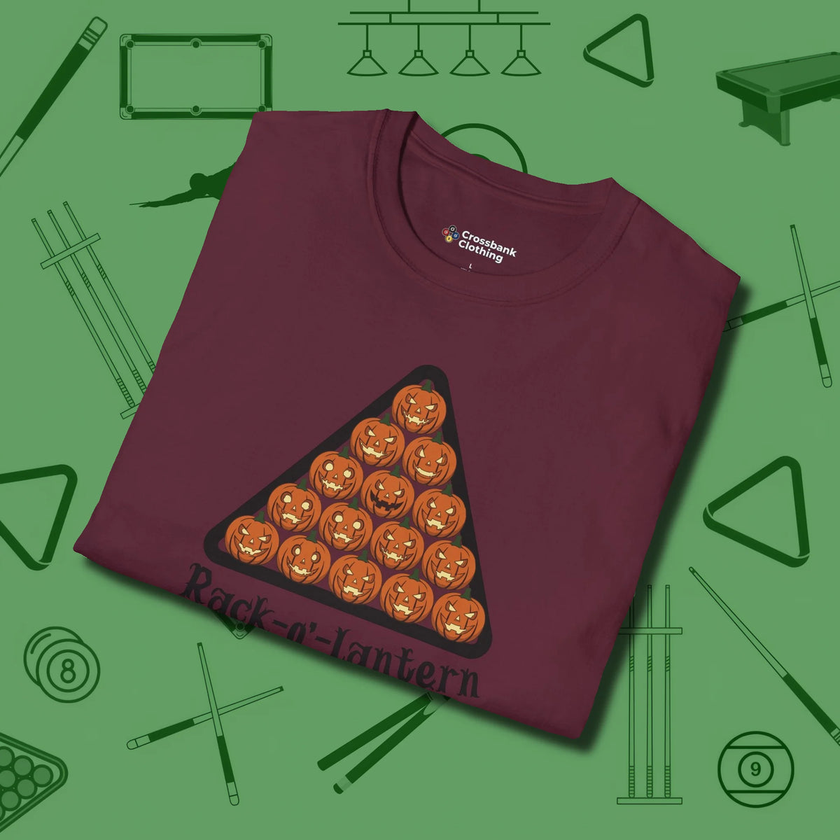 Rack-O'-Lantern T-Shirt, folded view, in Maroon helps your stroke and your style