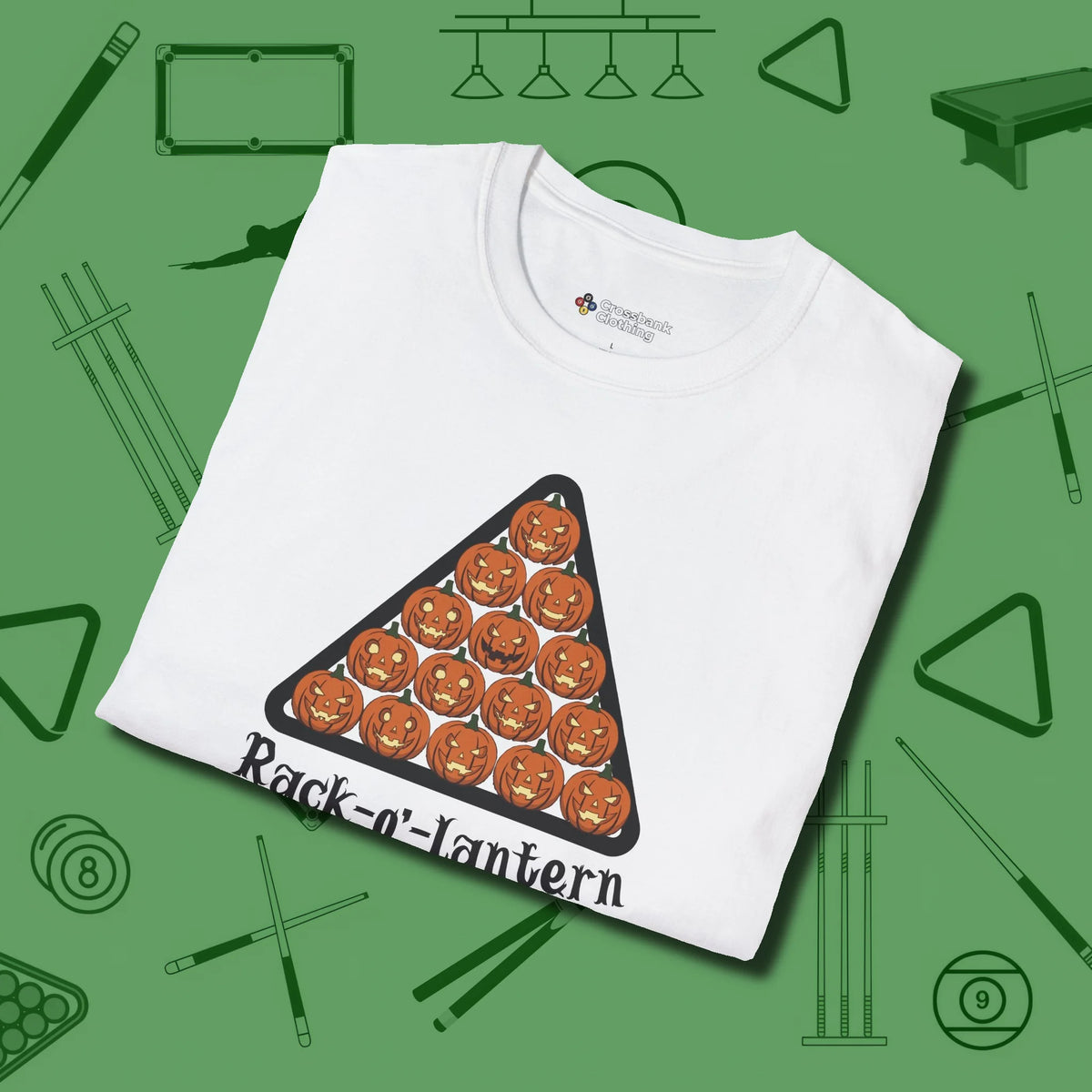 Rack-O'-Lantern T-Shirt, folded view, in White classic cue style, no gimmicks