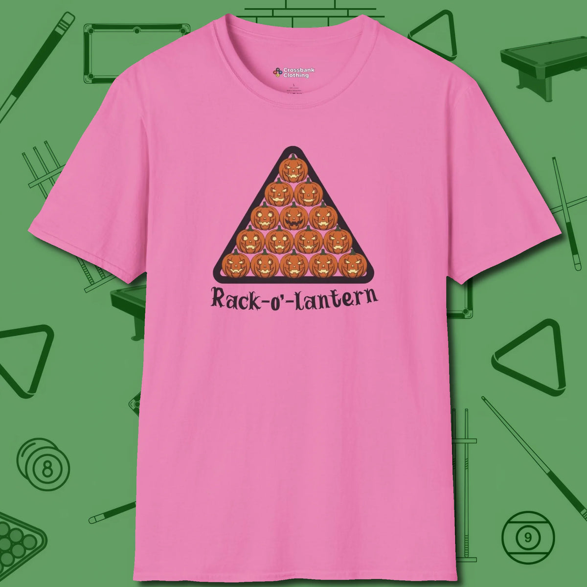 Rack-O'-Lantern T-Shirt, front view, in Azalea what champions wear between racks